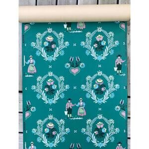 50s Wallpaper ROLL Lucky Star Brand Teal Jade Green Penn Dutch Amish USA Full